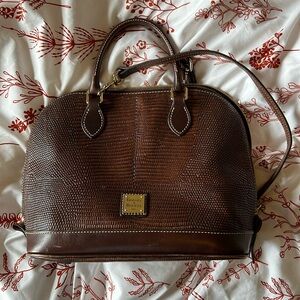 Dooney & Bourke Lizard Embossed Brown Leather Zip Zip Satchel Handbag